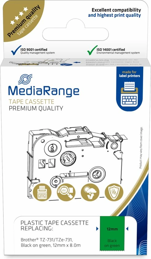 MediaRange - Brother Compatible Labels TZ-731/ TZe-731 - 12mm X 8m - Zwart Op Groen 1 MediaRange - Brother Compatible Labels TZ-731/ TZe-731 - 12mm X 8m - Zwart Op Groen