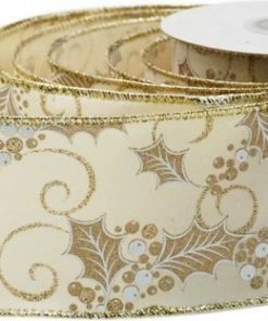 Merkloos Kerst Lint Met IJzerdraad | Stoffen Lint | Twill Satijn Look | Luxe Weefband 38mm (3,8cm) | Hulstbessen Ivoor Wit Goud Glitter | Decoratielint | Kerstlint | Cadeaulint | Lengte: 3 Meter -Parker IM Vibrant Ring Shop 550x311