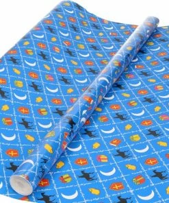 Bellatio Decorations XL Sinterklaas Kadopapier Print Blauw 2,5 X 0,7 Meter Op Rol 70 Gram - Luxe Papier Kwaliteit Cadeaupapier/inpakpapier - Sint En Piet