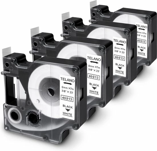 TELANO® 4 Stuks Plastic Labels D1 40913 Voor Dymo LabelManager - Zwart Op Wit - 9 Mm X 7 M - S0720680 Label Tape 1 TELANO® 4 Stuks Plastic Labels D1 40913 Voor Dymo LabelManager - Zwart Op Wit - 9 Mm X 7 M - S0720680 Label Tape