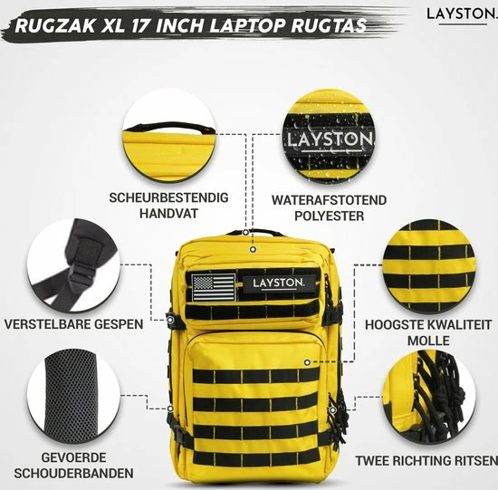 Layton LAYSTON. - 45L Sport School Werk Rugtas - Sport Rugzak - Tactical Backpack - Waterafstotend - Geel 3 Layton LAYSTON. - 45L Sport School Werk Rugtas - Sport Rugzak - Tactical Backpack - Waterafstotend - Geel - Afbeelding 3