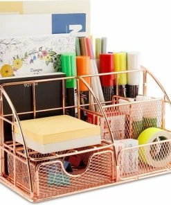 Bureau Organisator BRIEVENBAK - ZINAPS Desk Organizer Met 6 Vakken, Waaronder Laden, Pen Holder, A4 Letter Lade, Document Holder, Voor Office, School, Huishoudens, In Rose Gold