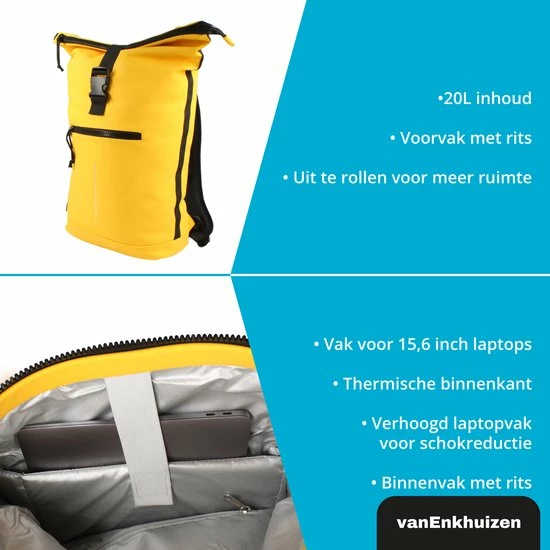 Van Enkhuizen VanEnkhuizen Rolltop Rugzak Met Laptopvak 15,6 Inch - 20 Liter - Waterafstotend En Thermo Materiaal - Geel 3 Van Enkhuizen VanEnkhuizen Rolltop Rugzak Met Laptopvak 15,6 Inch - 20 Liter - Waterafstotend En Thermo Materiaal - Geel - Afbeelding 3