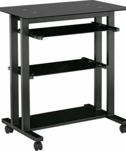 HOMCOM Op Wielen Bureau Computertafel Bureau Werktafel Met Glazen Aflegvlak Zwart 920-015