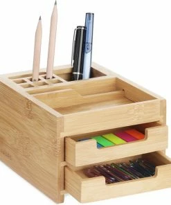 Navaris Bamboe Bureau-organizer 2 Lades - Desk Organizer Bamboe Klein - Pennenbak Met Lades - Opbergen Van Bureau-accessoires En Make-up